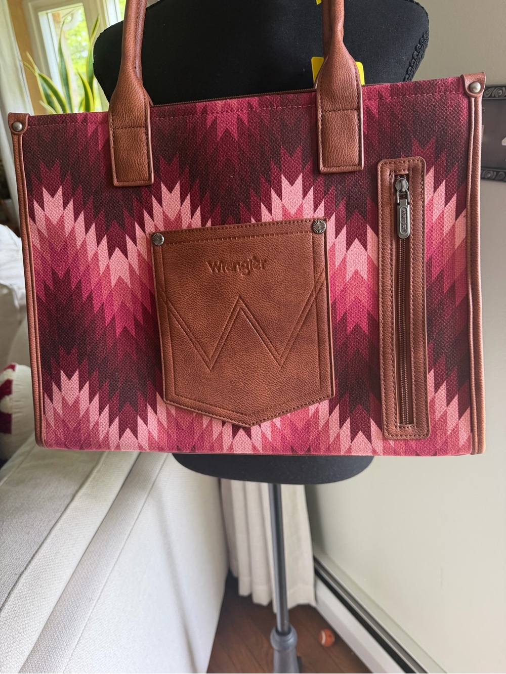 Wrangler Burgundy & Pink Patterned Tote with Brown Leather Handles - Picture 2 of 4